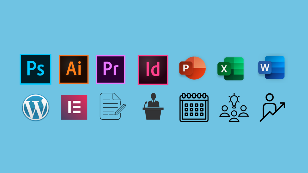 logos de la suite adobe, du pack office et des illustrations.